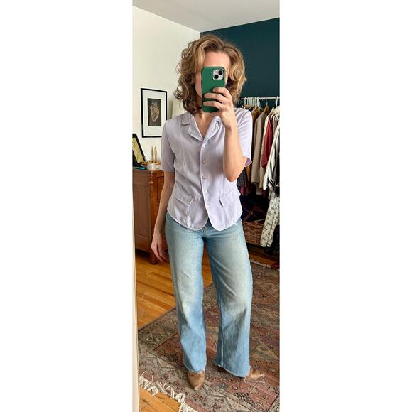 Vintage Women's Violet Short Sleeve Button Down Blouse Size Medium with Tie Back - Picture 1 of 5